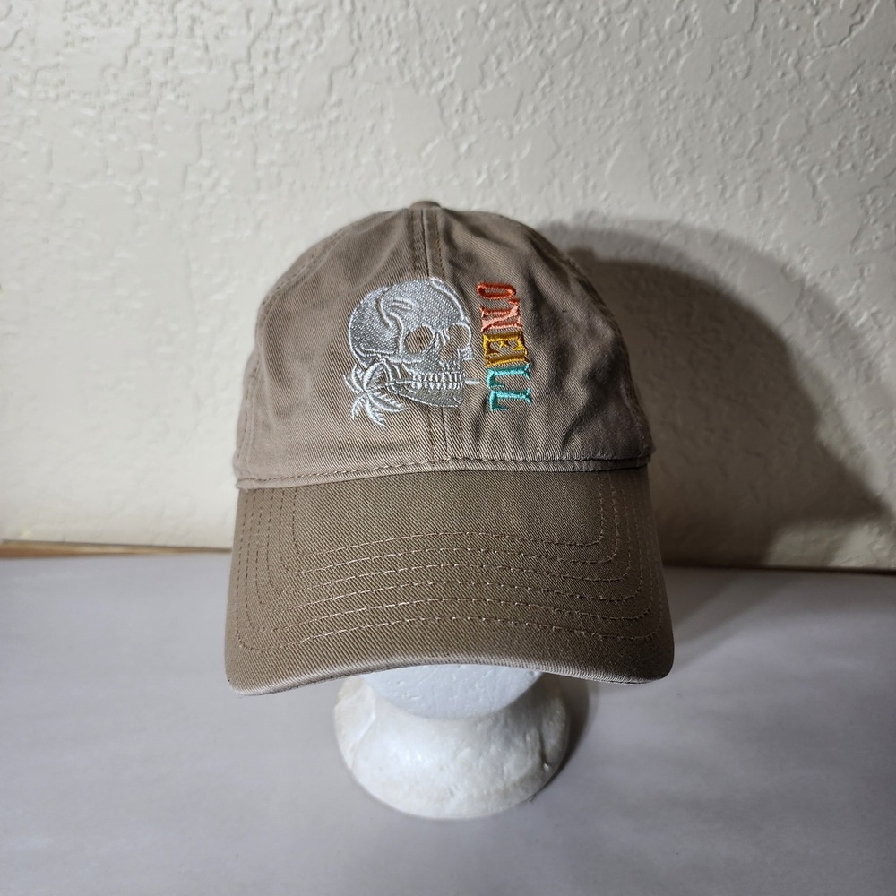 O'Neill Mens Tan Khaki Skull Palm Tree Rainbow Logo Adjustable Dad Hat Cap